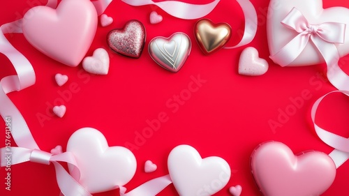 Flat lay of heart shaped chocolates and candies with white ribbon on red background for valentine's day
