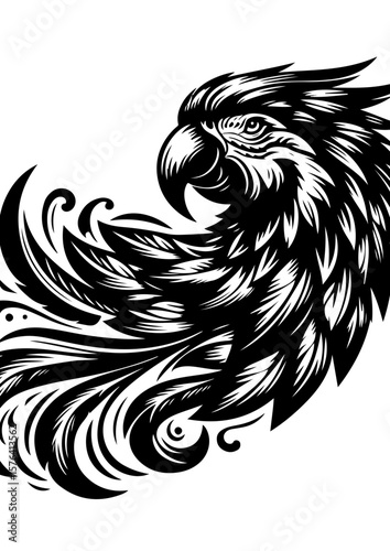A vibrant parrot with flowing feathers isolated on white background