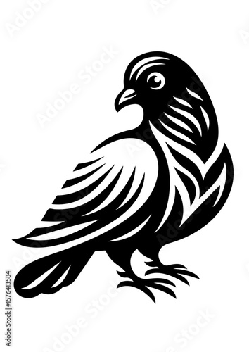 A black and white pigeon illustration isolated on white background