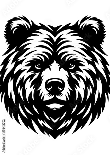 A fierce bear head portrait with a powerful gaze, isolated on white background