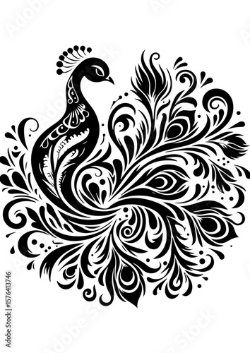 Elegant peacock with ornate feathers isolated on white background