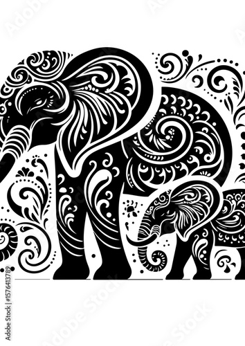 An ornate elephant and its baby are isolated on white background