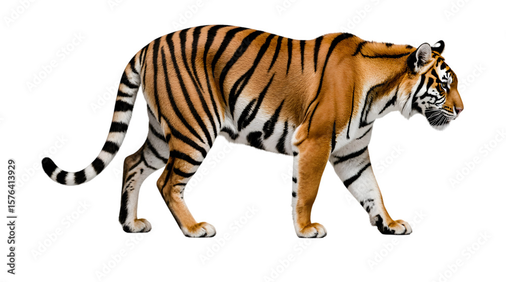 Obraz premium Majestic Bengal Tiger in Profile A Stunning Full-Body Shot Showcasing Striking Stripes and Powerful Presence, Symbolizing Wildlife and Conservation Efforts