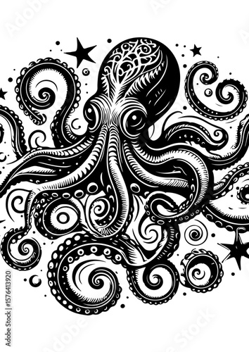 An octopus with swirling tentacles, isolated on white background
