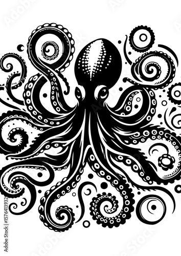 An octopus with swirling tentacles in the deep sea, isolated on white background