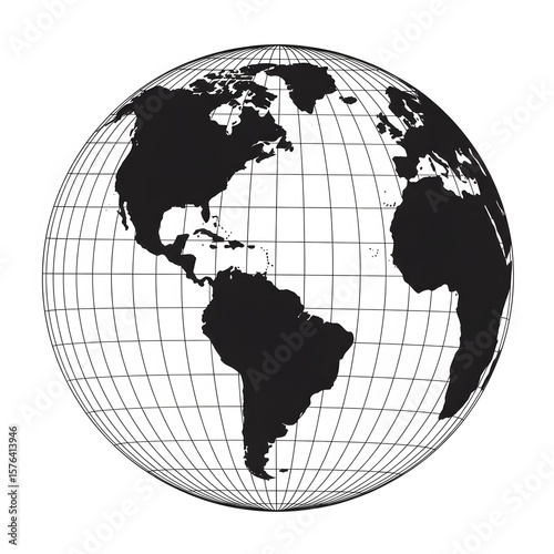 A Black and White Illustration of the Earth Globe Showing Continents and Latitude and Longitude Gridlines