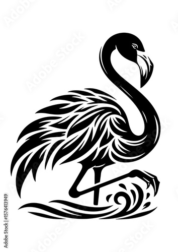 A black flamingo stands gracefully on one leg, isolated on white background