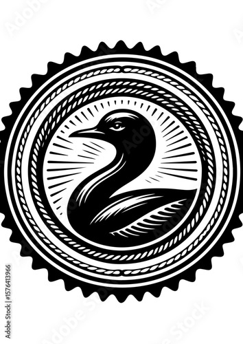 A loon is centered in a decorative seal, isolated on white background