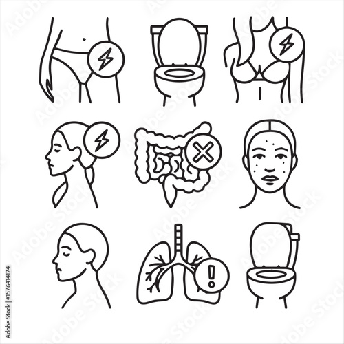 Pregnancy symptoms icons. Abdominal pain, increased urination, tender breast, food aversion, fatigue, headache, nausea, constipation, acne, trouble breathing. Linear illustration, editable stroke icon