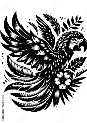 A parrot with spread wings and floral elements isolated on white background