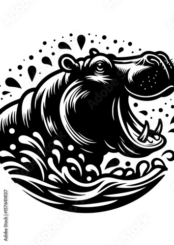 A hippopotamus with mouth open in water isolated on white background