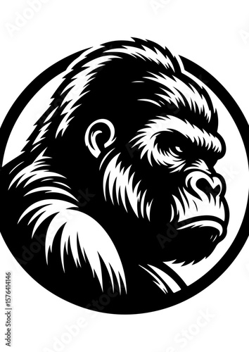 A powerful gorilla head is displayed in black and white isolated on white background