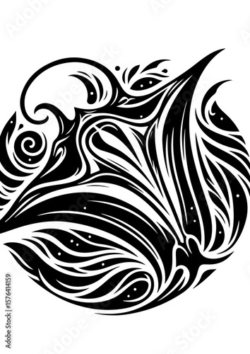 An abstract swirl design in black and white creates a dynamic pattern
