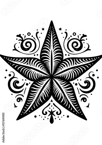 A decorative starfish design in black and white isolated on white background