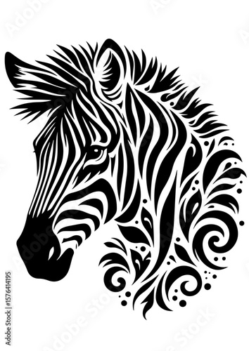 A black and white zebra head with floral patterns, isolated on white background