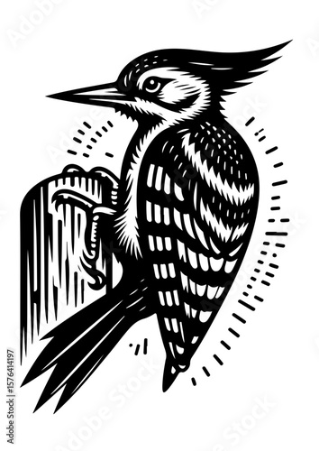 A woodpecker perches on a branch in a black and white illustration isolated on white background