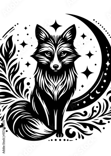 A fox sits in front of a crescent moon surrounded by stars