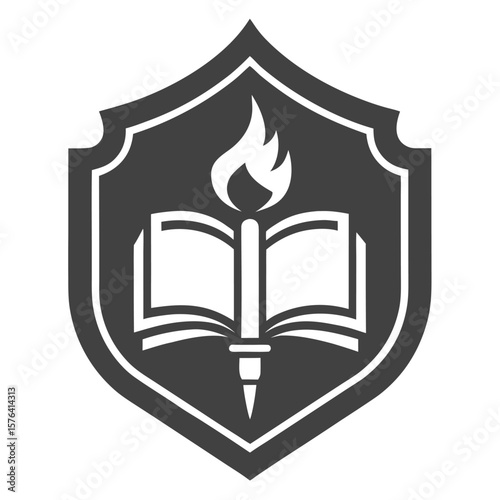 Open book with torch inside shield flame