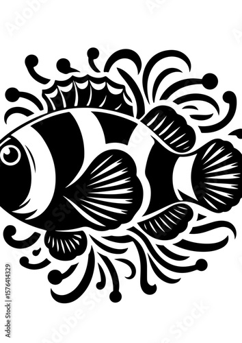 A black and white clownfish illustration isolated on white background