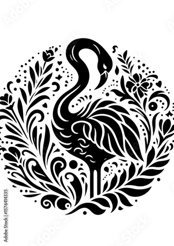 A flamingo stands in a circle of leaves and flowers illustration