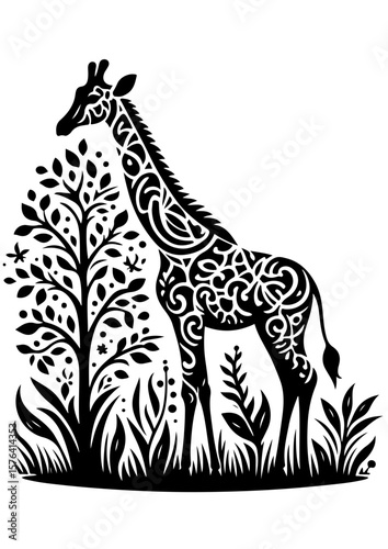 A black and white giraffe illustration isolated on white background