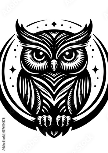 A black and white owl illustration isolated on white background