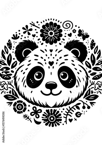 A black and white panda illustration isolated on white background