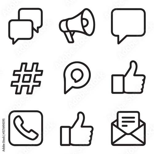 A variety of communication and social media icons such as chat bubbles, megaphone, hashtag, like, phone, and email