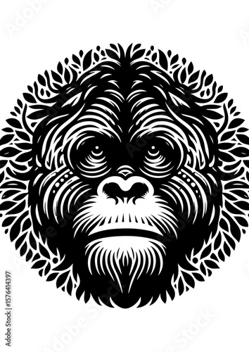 A black and white graphic illustration of an orangutans face isolated on white background