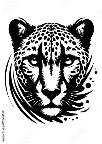 A black and white graphic illustration of a cheetahs face isolated on white background