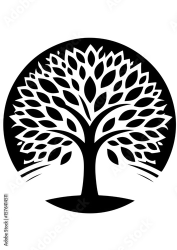 A silhouette of a tree with leaves in a circular design