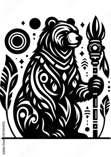 A tribal bear holds a staff in this black and white illustration