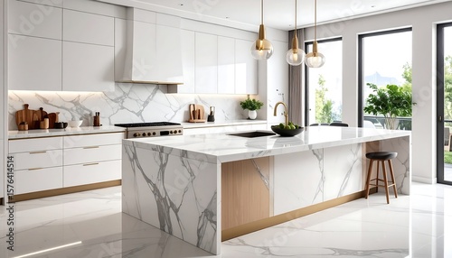 Modern, bright white kitchen with marble island