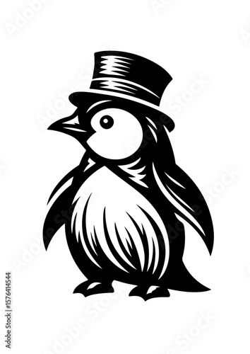 A penguin wearing a top hat in a black and white illustration