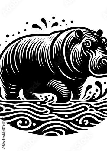 A hippo wades through water in a black and white illustration