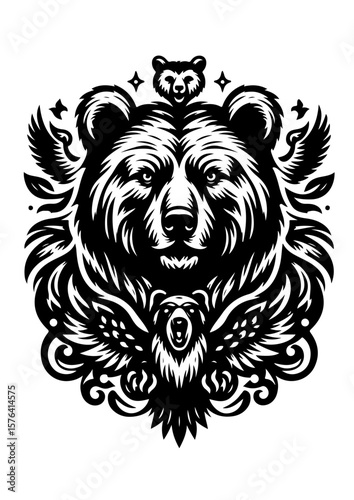 A bear head with wings and owl in a black and white illustration