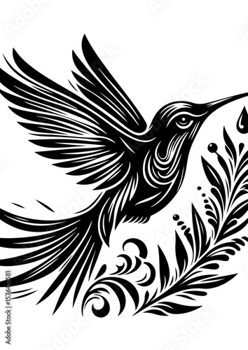A black and white hummingbird flies among stylized leaves and flowers