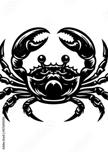 A black and white crab with large claws is isolated on white background