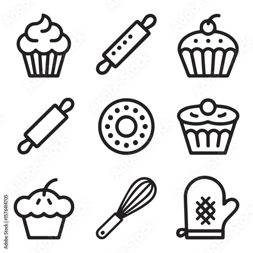 A charming arrangement of baking icons, including cupcakes, a rolling pin, whisk, and oven mitts