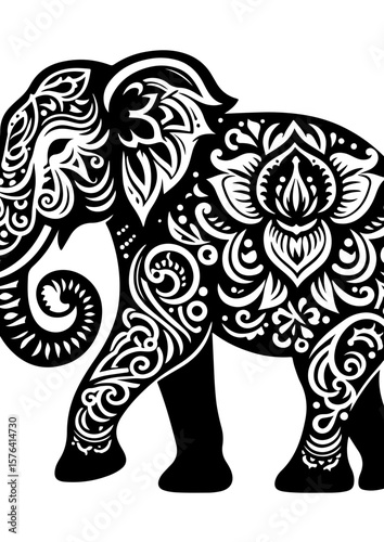An elephant with ornate patterns, isolated on white background