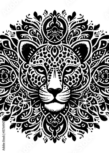 Ornate leopard portrait in black and white with tribal design
