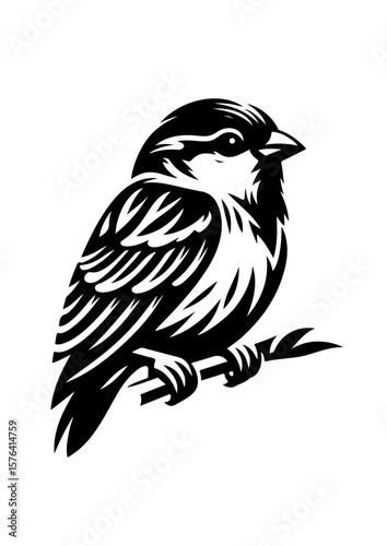 Sparrow perched on a branch, isolated on white background