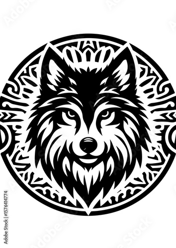Wolf portrait with tribal design, isolated on white background