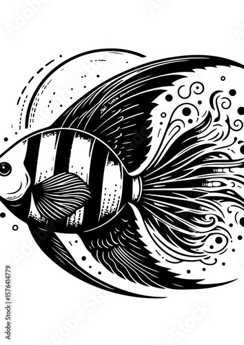 Striped fish with flowing tail, isolated on white background