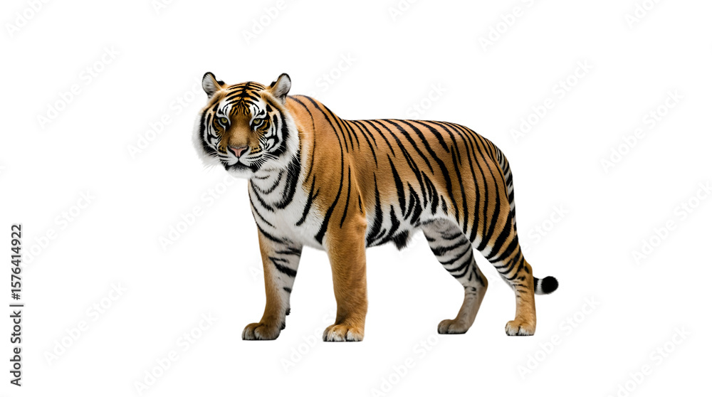 Obraz premium Stunning Close-up of Majestic Tiger on White Backdrop Wildlife Animal with Powerful Stripes and Intense Gaze, Mammal Predator Royalty