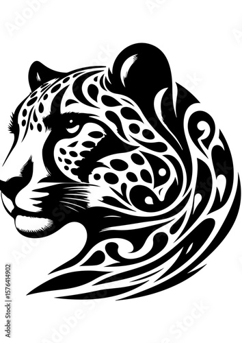 A decorative leopard head with tribal patterns and ornate designs