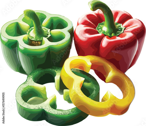 Colorful bell peppers displaying green red and yellow in artistic illustration isolated