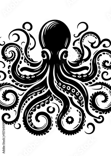 A black and white octopus with decorative tentacles and ornate patterns