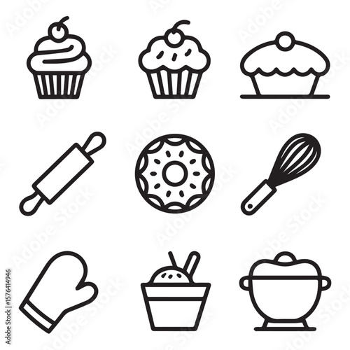 A curated selection of baking icons showcasing cupcakes, rolling pin, whisk, oven mitt, and cooking pot