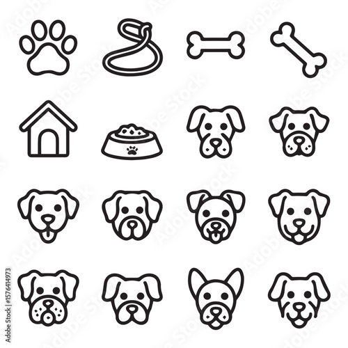 A charming collection of dogrelated icons, including various breeds, paw prints, leash, and food bowl